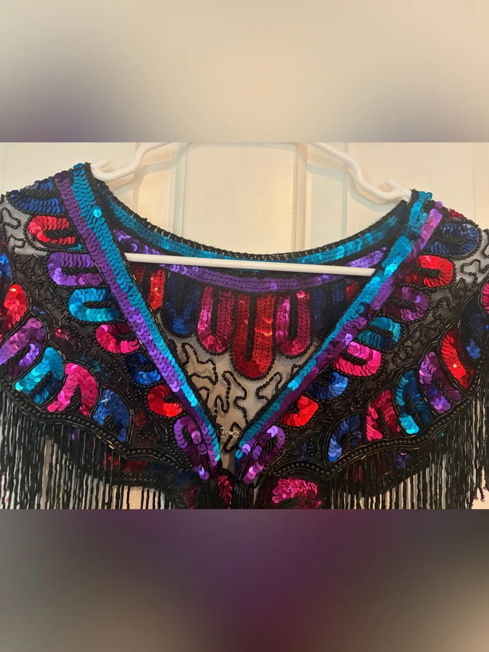 Vintage multicolor sequined & beaded fringe capelet collar / shoulder necklace